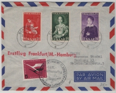 Saarland, 1954, Mi.- Nrn.: 354- 56 + BRD- Zusatzfrankatur, auf Erstflugbeleg von FF/M- nach Hamburg