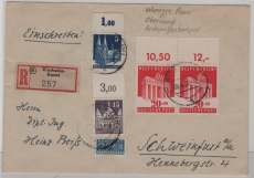 Bizone / BRD, 1951, Mi. Nrn.: 75wg, 82 eg + 102 (2x), je mit Or.! in MiF auf R.- Fernbrief, von Wiesbaden nach Schweinfurt