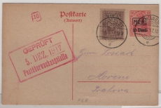 M.V.i.R., 1917, 10 RPfg.- Anwort-GS, Mi.- Nr.: P 2 A (Antwort Teil), + Zusatzfr., gelaufen von Bukarest nach Moreni (?), mit Zensur!