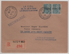 Dt. Bes. Frankreich, Saint Nazaire, 1945, Teilbarfrankatur auf Einschreiben, tiefstgeprüft Tust BPP! Selten!