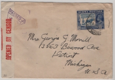 Burma, 1942 (?), 3,6 Annas EF auf Auslandsbrief (mit Zensur!) von Rangoon nach Deroit (USA)