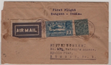 Indien / Burma, 1933, 3 Annas + 3 P. MiF Auf Erstflug- Auslandsbrief von Rangoon nach Bombay, via Delhi. Selten!