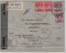 Malaya, 1946, 20 P. (2x) + 25 P. (2x) als MiF auf Luftpost- Auslandsbrief von Singapore nach Pforzheim (D.) und zurück