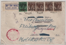 Malaya, 1946 (?), 5 P. (4x) + 50 P. als MiF auf Luftpost- Auslandsbrief von Singapore nach Pforzheim (D.) und weiter nach Freiburg