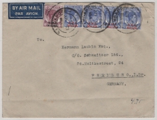 Malaya, 1947 (?), 10 P. + 15 P. (4x) als MiF auf Luftpost- Auslandsbrief von Singapore nach Freiburg (D.)