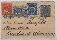 Uruguay, 1906 (?), 3 Ct.- Kartenbrief- GS + 8 Ct. Zusatz in MiF als Auslandsbrief von Montevideo nach Dresden. Dekorativ!