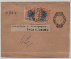 Brasilien, ca. 1920, 60 R..- Streifband- GS, + 2x 20 R. Zusatzfr., gelaufen als Auslandsstreifband von ... nach Berlin