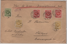 Memel, 1923, Mi.- Nrn.: 142 (2x) + 145, + 146 (3x)  als MiF auf Wert- Fernbrief von Memel nach Stuttgart