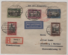 Danzig, 1932, Mi.- Nrn.: 207- 11, (kpl. Satz!) als MiF auf R.- Luftpost- Fernbrief von Danzig nach Landsberg (W)