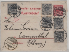 DR, Krone / Adler, 1901, 10 RPfg.- Kartenbrief- GS + 5x Mi.- Nr.: 52 als Zusatz, als Auslandsbrief von Leipzig nach Langenthal (CH)