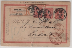DR/ Pfennig, 10 RPfg.- GS- Karte + Mi.- Nr.: 41 (2x) als Zusatzfr. auf R.- Auslandspostkarte von Berlin nach London. Selten!
