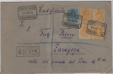 Spanien, 1918, 15Cs. (4x) + 25 Cs. als MiF auf R.- Fernbrief von Ondorroa nach Zaragoza