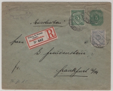 Württemberg, 1892, 5 Pfg.- Dienst- GS- Umschlag + 25 Pfg. (D.) Zusatzfr. gelaufen als R.- Fernbrief von Ulm nach FF/M