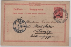 Incomming Mail / DAP Türkei, 1905, 20 Para- GS- Karte (Mi.- Nr.: P7), gelaufen als Postkarte von Constantinopel nach Danzig