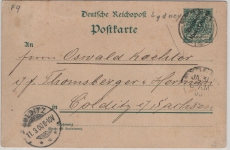 DNG, 1900, 5 Rpfg.- Überdruck- GS- Karte (Mi.- Nr.: P1), gelaufen von Sydney nach Colditz (D.)