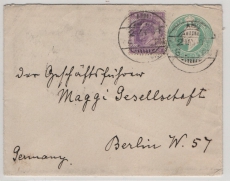 Indien, 1907, 0,5 A. GS- Umschlag + 2A. Zusatz, als Auslandsbrief von Abu nach Berlin (via Seapost- Office!)