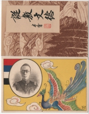 China, ca. 1900- 20, 1,5, 3, 6 + 10 FEN rs. auf 2 Postkarten zum Kaisergeburtstag / Jubiläum / Intronisation, nicht gelaufen
