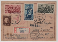 Slovakei, 1943, 4,7 K. MiF auf R- Inlandspostkarte, von Bratislava nach Novy Bydzov mit dt. Zensur (4x)