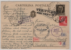 Italien, 1942, 30 Ct. GS- Karte + 20 Ct. Zusatzfrankatur als Auslandspostkarte von Capri nach Berlin, mit 7x Zensur!