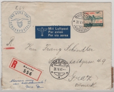 Schweiz, 1941, 1 Fr. Flugpostmarke als EF auf Luftpost- R. Auslandsbrief von Boch nach Graz (A), rs. mit dt. Zensur