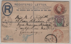 GB, 1903, 2 P. R.- GS- Umschlag + 1,5 P. Zusatz, gelaufen als R.- Auslandsbrief von Exeter nach FF/M (D.)