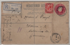 GB, 1924, 4,5 P. R.- GS- Umschlag + 1 P. Zusatz, gelaufen als R.- Auslandsbrief von Glasgow nach Worms (D.)