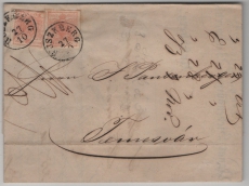 K. u. K. Österreich- Ungarn, 1858, 3 Kr. (2x) als MeF auf Auslandsbrief von Ruszkberg (Ung.) nach Temesvar (Rumänien)