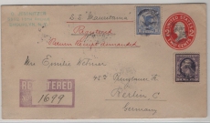 USA, 1912, 2 Ct.- GS- Umschlag + 13 Ct. Zusatzfr. , als R.- Auslansbrief von Brooklyn (NY) via Schiff nach Berlin