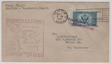 USA, 1935, 16 Ct. EF (Blockmarke in U) auf Erstflugbrief von Seattle nach Vancouver, von hier nach Philadelphia, + Nachgebühr
