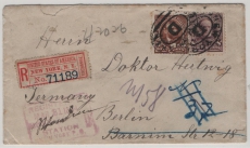 USA, 1894, 13 Ct. MiF auf R.- Auslandsbrief von New York nach Berlin, und hier mehrfache Zustellversuche + nachgesandt
