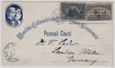 USA, 1893, 2 Ct. MiF auf Auslandspostkarte (Columbus- / Weltausstellung) von Chicago nach Lauban (D.)! Sehr dekorativ!