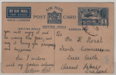 Indien, ca. 1936, 4 A.- Luftpost- GS- Karte, gelaufen von B... via London nach Caess Cassle (?) Channel Island