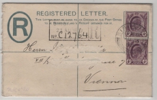 Straits Settlements, 1909, 10 Ct.- R- Brief-GS- Umschlag + 4 Ct. (2x) als Zusatz, als Auslands- R.- Brief von Singapore nach Wien