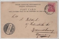 Straits Settlements, 1899, 3 Ct. EF, als Auslands- Bildpostkarte von Singapore nach Braunschweig