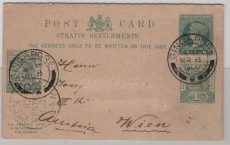 Straits Settments, 1900 (?), 1 Ct.- GS- Karte + 2 Ct. Zusatz, als Auslandspostkarte von Singapore nach Wien