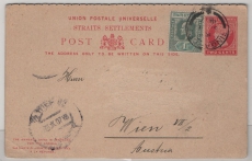 Straits Settments, 1907, 2 Ct.- Antwort- GS- Karte + 1 Ct. Zusatz, als Auslandspostkarte von Singapore nach Wien