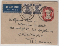 Indien, 1950 (?), 2A.- GS Umschlag, + 8 AS (2x) als Zusatz auf Luftpost- Auslandsbrief von Afzalganj nach Los Angeles (USA)