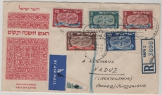 Israel, 1948, 1,03 S. FDC- MiF, auf Auslands- Luftpost- Einschreiben von Haifa nach Vaduz (Li.)