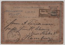 Liberia, 1889, 3 Ct.- GS- Postkarte, gelaufen als Auslandspostkarte, von Monrovia via Schiffs- und Bahnpost nach Hamburg