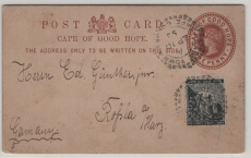 Kap der guten Hoffnung, 1893, 1 P.- GS- Karte + 1/2 P. Zusatz gelaufen als Auslandspostkarte von Cape Town nach Rosla