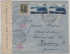 Italienisch Eritrea, 1940, 2,5 Lire MiF auf Auslandsbrief von Armeeabsender (Dt. Soldat!) nach Hamburg, mit Dt. + Italienischer Zensur!
