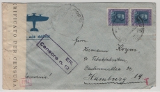 Italienisch Eritrea, 1940, 1,25 L. (2x) als MeF auf Auslandsbrief von Armeeabsender (Dt. Soldat!) nach Hamburg, mit Dt. + Italienischer und Eriträischer Zensur!