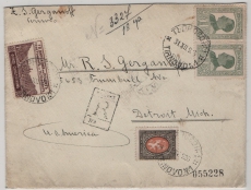 Bulgarien, 1927, 13 L. (incl. 10 L.- Wert!) als MiF, auf Übersee- einschreiben von Tirnovo nach Detroit (USA)