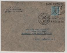 Frankreich, St. Nazaire, 1945, 50 Ct. mit Befreiungs- Überdruck, von Batz sur Mer nach Guerande