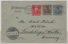 DR, incomming Mail, 1907, 5 Rpfg.- Zudruck- Antwort- GS- Karte, A.- Teil, gelaufen mit US- 2 Ct. Marke von Chicago nach Landsberg
