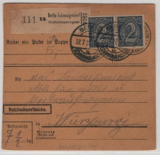 DR / Infla / Dienstpost, 1920, Mi.- Nr.: D 32 (2x) in MeF auf Dienst- Paketkartenstammteil für 1 Paket von Berlin nach Würzburg