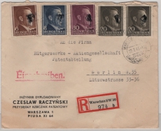 G.G., 1943, 84 Gr. MiF auf R.- Fernbrief von Warschau SW 30 über Warschau C1 nach Berlin