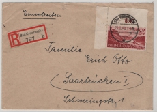 FRZ / Rhld.- Pf., 1949, Mi.- Nr.: 28 mit ER als EF auf Einschreiben- Fernbrief von Bad Kreuznach nach Saarbrücken