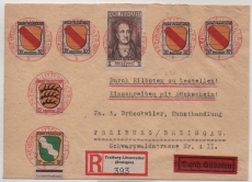 FRZ, Allgem Ausgaben, 1947, Mi.- Nrn.: 5 (!), 8, 10 (4x) + 11 in MiF auf R.- Express- Rückschein Ortsbrief, innerhalb von Freiburg