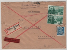FRZ / Baden, 1948, Mi.- Nrn.: 7 + 12 (2x) als MiF auf Eilboten- Einschreiben- Fernbrief, von Baden- Baden nach Karlsruhe